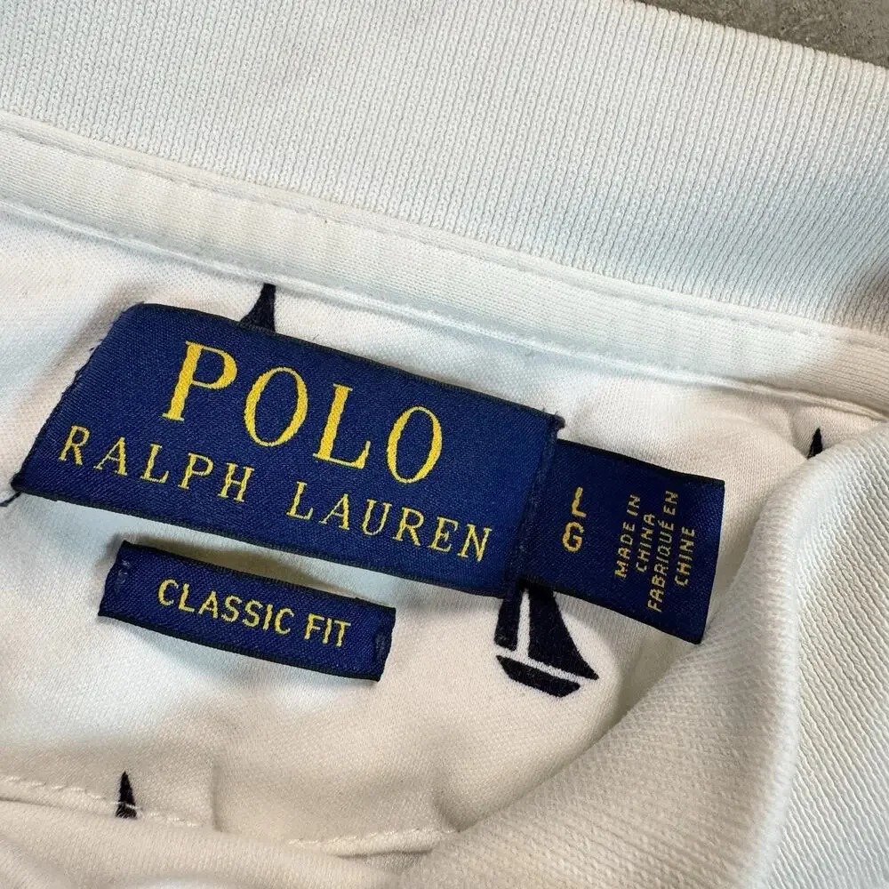 Polo Ralph Lauren Polo Shirt Mens L White Custom Slim Fit Sailboat Print